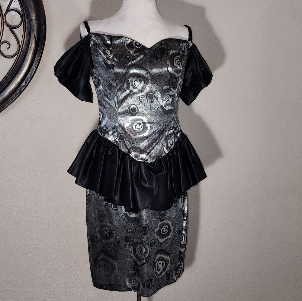 Vintage Dress 1980s Shiny Semi Sheer Floral Accent Silver Size - Picture 10 of 12